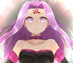 Rule 34 | 1girl, bare shoulders, black dress, breasts, cleavage, collar, collarbone, dress, emphasis lines, facial mark, fate/stay night, fate (series), forehead, forehead mark, glowing, glowing eyes, highres, i.u.y, long hair, looking at viewer, medium breasts, medusa (fate), medusa (rider) (fate), no blindfold, parted bangs, pink hair, purple collar, purple eyes, solo, square pupils, strapless, strapless dress, upper body, v-shaped eyebrows, very long hair