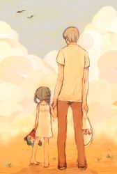 Rule 34 | 1boy, 1girl, age difference, atlus, bad id, bad pixiv id, bird, black hair, character doll, doujima nanako, dress, from behind, grey hair, hair ornament, holding hands, height difference, kuma (persona 4), kuu-0226, narukami yuu, pants, persona, persona 4, sack, shirt, short twintails, sky, standing, twintails