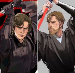 Rule 34 | 2boys, absurdres, alternate universe, anakin skywalker, animification, arms up, bad id, bad twitter id, beard, black gloves, brown eyes, brown hair, closed mouth, commentary, ctstudio (executional), dark persona, energy sword, english commentary, facial hair, gloves, grey robe, highres, holding, holding lightsaber, holding sword, holding weapon, lightsaber, lips, long sleeves, looking at viewer, looking to the side, male focus, mechanical arms, multiple boys, mustache, obi-wan kenobi, parted lips, prosthesis, prosthetic arm, red lightsaber, robe, scar, scar across eye, scar on face, serious, short hair, single mechanical arm, sith, split screen, star wars, sword, upper body, weapon