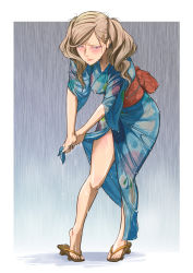 Rule 34 | absurdres, blonde hair, feet, frown, highres, japanese clothes, kimono, persona, persona 5, sandals, takamaki anne, twintails, wet, wet clothes, yukata