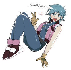Rule 34 | 1girl, :d, allenby beardsley, aoi (husiginokuninoa), blue bodysuit, blue hair, bodysuit, breasts, commentary request, full body, g gundam, gloves, green eyes, gundam, hand on own hip, heart, highres, jacket, jewelry, legs together, looking at viewer, medium breasts, necklace, open clothes, open jacket, open mouth, short hair, skin tight, sleeveless, sleeveless jacket, smile, solo, teeth, thighs, translation request, upper teeth only, w, white background, yellow gloves