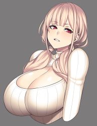 Rule 34 | 1girl, absurdres, beige sweater, blonde hair, blunt bangs, breasts, cleavage, cleavage cutout, clothing cutout, commentary request, grey background, highres, huge breasts, hz (666v), long hair, looking to the side, low twintails, original, parted lips, red eyes, ribbed sweater, sidelocks, sweater, turtleneck, turtleneck sweater, twintails, upper body