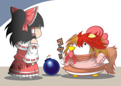 Rule 34 | 1girl, animal, animal on head, animalization, arms at sides, bird, bird on head, black hair, blonde hair, bomb, bow, brown skirt, chibi, chick, chicken, detached sleeves, dress, explosive, from behind, hair bow, hair tubes, hakurei reimu, hidefu kitayan, lit fuse, niwatari kutaka, niwatari kutaka (chicken), on head, paw print, pink shirt, ponytail, puffy short sleeves, puffy sleeves, red hair, red skirt, red vest, ribbon-trimmed sleeves, ribbon trim, shaded face, shadow, shirt, short hair, short sleeves, skirt, solid circle eyes, standing, sweat, touhou, translation request, vest, white background