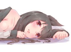 Rule 34 | 1girl, animal ears, bad id, bad pixiv id, bare shoulders, black hair, blush, breasts, cleavage, close-up, collarbone, imaizumi kagerou, lips, long hair, long sleeves, looking at viewer, on floor, red eyes, rima (rimarip), simple background, solo, touhou, white background, wolf ears