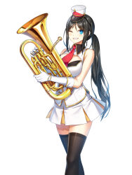 Rule 34 | 1girl, band uniform, bare shoulders, black hair, black thighhighs, blue eyes, breasts, buttons, cleavage cutout, closers, clothing cutout, collared jacket, double-breasted, euphonium, feet out of frame, fold-over gloves, gloves, grin, hands up, hat, highres, holding, holding instrument, impossible clothes, impossible jacket, instrument, jacket, large breasts, long hair, looking at viewer, looking to the side, marching band, mini shako cap, miniskirt, necktie, official art, one eye closed, parted bangs, pleated skirt, ponytail, red necktie, shako cap, sidelocks, skirt, sleeveless, sleeveless jacket, smile, solo, teeth, thighhighs, uniform, very long hair, walking, white background, white gloves, white headwear, white jacket, white skirt, wing collar, yuri seo, zettai ryouiki