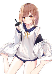 Rule 34 | 1girl, absurdres, bare legs, barefoot, blue sailor collar, brown hair, bubble tea, closed mouth, collarbone, cup, disposable cup, dress, drinking straw, frilled dress, frills, fuyuki030, highres, holding, holding cup, jacket, looking at viewer, nail polish, neck ribbon, off shoulder, open clothes, open jacket, original, red eyes, red nails, ribbon, sailor collar, simple background, sitting, sleeveless, sleeveless dress, smile, solo, wariza, white background, white dress, white jacket, yellow ribbon