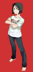 Rule 34 | 1boy, 37suihan46, barefoot, black hair, bob cut, clothes writing, crossed arms, fate/zero, fate (series), full body, green eyes, hayashi inashirou, male focus, red background, shirt, simple background, solo, t-shirt, waver velvet