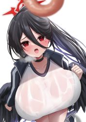 Rule 34 | 1girl, absurdres, balut (7676i), black hair, blue archive, blue jacket, breasts, choker, collarbone, doughnut, food, hair between eyes, halo, hasumi (blue archive), hasumi (track) (blue archive), highres, huge breasts, jacket, long hair, looking at viewer, mole, mole under eye, open mouth, ponytail, shirt, simple background, solo, sweat, very long hair, wet, wet clothes, wet shirt, white background