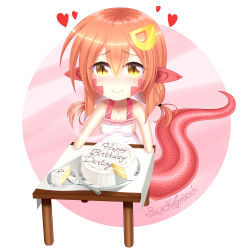 Rule 34 | 1girl, absurdres, apron, artist name, blacksaikou, blush, breasts, cake, chibi, cleavage, collarbone, commentary, english commentary, eyes visible through hair, food, hair between eyes, hair ornament, hairclip, happy birthday, heart, highres, lamia, long hair, looking at viewer, low twintails, miia (monster musume), monster girl, monster musume no iru nichijou, naked apron, plate, pointy ears, red hair, slit pupils, smile, solo, table, tablecloth, twintails, yellow eyes