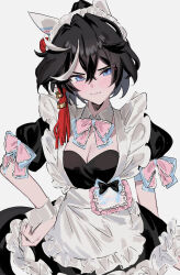 Rule 34 | 1girl, absurdres, alternate costume, animal ears, black bow, black dress, black hair, blue eyes, blush, bow, breasts, cleavage, closed mouth, commentary request, dress, ear covers, enmaided, frilled dress, frills, hair between eyes, hand on own hip, highres, horse ears, horse girl, katsuragi ace (umamusume), m75255831, maid, maid headdress, medium breasts, medium hair, multicolored hair, ponytail, puffy short sleeves, puffy sleeves, short sleeves, solo, streaked hair, two-tone bow, umamusume, upper body, white hair, wrist cuffs