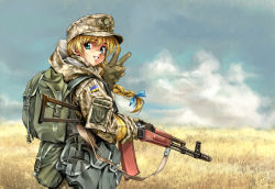 Rule 34 | 1girl, ak-74, aks-74, ammunition pouch, armband, assault rifle, backpack, bag, blonde hair, blue eyes, braid, camouflage, camouflage headwear, camouflage jacket, cloud, commentary, cowboy shot, day, digital camouflage, field, field cap, gloves, green gloves, green hat, green jacket, gun, gun sling, hat, highres, holding, holding gun, holding weapon, hood, hooded jacket, jacket, kalashnikov rifle, long braid, long hair, long sleeves, longmei er de tuzi, magazine (weapon), military, military uniform, original, outdoors, pouch, retro artstyle, rifle, russo-ukrainian war, single braid, smersh, solo, symbol-only commentary, tactical clothes, ukraine, uniform, v, weapon, yellow armband