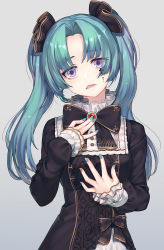 Rule 34 | 1girl, black bow, black bowtie, black dress, blue hair, blue nails, bow, bowtie, commentary request, cross, dress, gem, gothic lolita, grey background, hands up, head tilt, highres, kotoribako, latin cross, lolita fashion, long sleeves, looking at viewer, nail polish, original, parted bangs, parted lips, pink lips, purple eyes, simple background, sleeves past wrists, solo, tareme, twintails, upper body