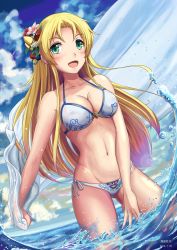 Rule 34 | 10s, 1girl, bikini, blonde hair, breasts, character request, cleavage, covered erect nipples, dated, flower, green eyes, grenda-san, hair flower, hair ornament, highres, huanghyy, long hair, navel, open mouth, robot girls z, side-tie bikini bottom, smile, solo, strap gap, swimsuit, towel, wading, water