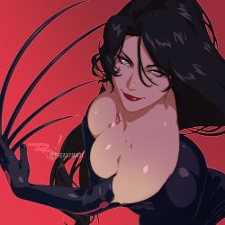 Rule 34 | 1girl, bare shoulders, black dress, black gloves, black hair, breasts, chest tattoo, claws, cleavage, dress, elbow gloves, fullmetal alchemist, gloves, hair between eyes, large breasts, long hair, looking at viewer, lust (fma), orange eyes, red background, red lips, smile, solo, strapless, strapless dress, tattoo, the art mage, twitter username, upper body
