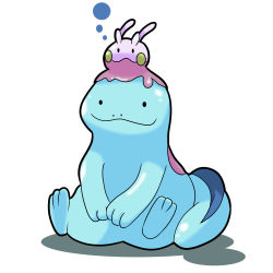 Rule 34 | bubble, closed mouth, commentary request, creatures (company), game freak, gen 2 pokemon, gen 6 pokemon, goomy, nintendo, no humans, on head, pokemon, pokemon (creature), pokemon on head, quagsire, shuga (mhwii), sitting, smile, solid oval eyes, white background