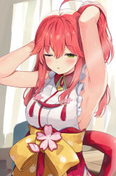 Rule 34 | 1girl, absurdres, armpits, arms up, bare arms, bare shoulders, blush, bow, breasts, commentary request, green eyes, hair between eyes, hakama, hakama skirt, half-closed eye, highres, hololive, japanese clothes, kimono, long hair, medium breasts, obi, one eye closed, parted lips, ponytail, racchi., red hair, red hakama, sakura miko, sakura miko (1st costume), sash, sideboob, skirt, sleepy, sleeveless, sleeveless kimono, solo, upper body, very long hair, virtual youtuber, white kimono, yellow bow
