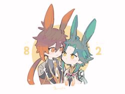 Rule 34 | 2boys, :3, animal ears, artist name, bead necklace, beads, blush, brown eyes, brown hair, brown jacket, brown shirt, brown vest, bunny day, chibi, closed mouth, collared shirt, commentary request, dated, expressionless, eye contact, facial mark, forehead mark, genshin impact, gradient hair, green hair, hair between eyes, highres, jacket, jewelry, lapels, long hair, long sleeves, looking at another, looking down, looking up, low ponytail, male focus, multicolored hair, multiple boys, necklace, necktie, open clothes, open jacket, parted bangs, ponytail, rabbit ears, shirt, short hair, shoulder spikes, sidelocks, signature, simple background, sleeveless, sleeveless shirt, smile, spikes, streaked hair, tassel, two-tone background, upper body, vest, white background, white necktie, white shirt, wing collar, xiao (genshin impact), yellow background, yellow eyes, yumoto (ncosmanthus), zhongli (genshin impact)
