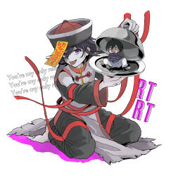 2boys ahoge barefoot black_hair chinese_clothes colored_skin commentary_request cosplay danganronpa_(series) danganronpa_v3:_killing_harmony detached_sleeves flipped_hair full_body grey_skin hair_between_eyes hat hat_ornament highres holding holding_tray jiangshi jiangshi_costume looking_at_viewer lyrics mili_(band) mini_person monster_boy multiple_boys ofuda ofuda_on_head oma_kokichi open_mouth purple_eyes purple_hair qc_(mili) qc_(mili)_(cosplay) qingdai_guanmao ruca_ni saihara_shuichi serving simple_background sitting strap talisman tangzhuang tongue tongue_out torn_clothes tray white_background wide-eyed wide_sleeves yellow_eyes