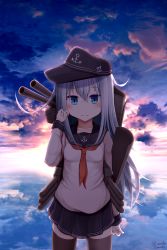 Rule 34 | 1girl, absurdres, anchor, anchor symbol, baseball cap, black hat, black sailor collar, black skirt, blue eyes, blue sky, blush, brown thighhighs, closed mouth, cloud, cloudy sky, commentary request, hat, hibiki (kancolle), highres, kantai collection, long sleeves, looking at viewer, machinery, ocean, outdoors, pleated skirt, red neckwear, reflection, sailor collar, school uniform, serafuku, shirt, silver hair, skindentation, skirt, sky, sleeves past wrists, smile, solo, sunset, tateishi kureha, thighhighs, twitter username, water, white shirt