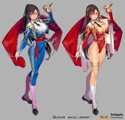 Rule 34 | 1girl, :d, between breasts, black hair, black neckwear, blue pants, blush, breasts, cleavage, closed mouth, detached collar, grey background, hair between eyes, hair ornament, hand up, highleg, highleg leotard, holding, holding sword, holding weapon, jacket, large breasts, legband, leotard, long hair, long sleeves, looking at viewer, mole, mole under eye, multiple views, necktie, necktie between breasts, official art, open clothes, open jacket, open mouth, pants, pink legwear, ponytail, popqn, purple eyes, qurare magic library, rapier, red jacket, red leotard, sash, shoes, smile, socks, standing, sword, weapon, white legwear, wing collar