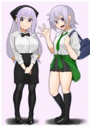 Rule 34 | 2girls, :d, bag, black socks, breasts, cardigan, cardigan around waist, chris (konosuba), clothes around waist, commentary request, contemporary, cosplay, costume switch, eris (konosuba), full body, head scarf, highres, izawa (bhive003), kneehighs, kono subarashii sekai ni shukufuku wo!, large breasts, long hair, multiple girls, multiple persona, necktie, open mouth, own hands together, pantyhose, partial commentary, patterned background, pink hair, polka dot, polka dot background, purple eyes, school bag, school uniform, short hair, simple background, small breasts, smile, socks, uniform, waitress, waving
