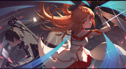 Rule 34 | 1boy, 1girl, absurdres, asuna (sao), black eyes, black gloves, black hair, breasts, brown eyes, brown hair, commentary request, gloves, highres, holding, holding sword, holding weapon, huge filesize, jiachong jun z, kirito, long hair, looking at viewer, orange eyes, rapier, short hair, smile, sword, sword art online, weapon
