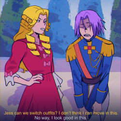 Rule 34 | 1boy, 1girl, blonde hair, blue hair, bow, closed eyes, commentary, creatures (company), deitycyla, dress, drill hair, english commentary, english text, epaulettes, game freak, hair between eyes, hand on own hip, highres, james (pokemon), jessie (pokemon), long hair, nail polish, nintendo, outdoors, pink bow, pokemon, pokemon (anime), pokemon (classic anime), pokemon ep028, red dress, red nails, team rocket, tree