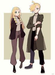 Rule 34 | 1boy, 1girl, ahoge, blonde hair, border, braid, brother and sister, brown coat, brown pants, closed mouth, coat, creatures (company), eyelashes, full body, game freak, gladion (pokemon), green eyes, hair over one eye, highres, jacket, lillie (pokemon), long hair, nintendo, open clothes, open jacket, outside border, pants, pokemon, pokemon sm, shoes, siblings, signature, smile, standing, sweater, tere asahi, twin braids, white border