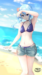 Rule 34 | 1girl, absurdres, arm up, armpits, beach, bikini, blue bikini, blue eyes, blue sky, blurry, blurry background, breasts, choker, collarbone, commentary request, denim, denim shorts, feet out of frame, flower, hair flower, hair ornament, highres, hololive, hoshimachi suisei, knees together feet apart, lens flare, long hair, nail polish, navel, open mouth, outdoors, sand, short shorts, shorts, side ponytail, sidelocks, signature, sky, small breasts, solo, standing, swimsuit, thighs, typetm0803, v-shaped eyebrows, virtual youtuber, wet
