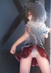 Rule 34 | 1girl, absurdres, animal ears, brown hair, cat ears, cat girl, cat tail, clothes lift, fang, grey hair, highres, lifted by self, lifted by tail, looking at viewer, looking back, miniskirt, original, panties, rain, red eyes, red skirt, reito (lyra-yasao-0628), revision, see-through, see-through shirt, shirt, short hair, short sleeves, skirt, skirt hold, skirt lift, solo, tail, tail raised, underwear, wet, wet clothes, wet hair, wet shirt, wet skirt, white panties, white shirt