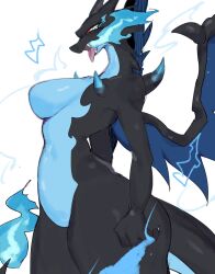 Rule 34 | 1girl, black skin, blue fire, blue skin, breasts, charizard, claws, colored skin, creatures (company), dragon girl, dragon horns, dragon tail, dragon wings, fangs, fire, flame-tipped tail, furry, furry female, game freak, gen 1 pokemon, highres, horns, large breasts, mega charizard x, mega pokemon, nintendo, open mouth, pokemon, pokemon (creature), red eyes, reptile girl, tail, thick thighs, thighs, tongue, tongue out, usa37107692, wide hips, wings