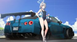 Rule 34 | 1girl, absurdres, animal ear fluff, animal ears, bag, bare arms, bare legs, bare shoulders, black one-piece swimsuit, blue archive, blue car, blue eyes, blue halo, blue one-piece swimsuit, blue sky, breasts, car, cloud, commentary, competition swimsuit, covered navel, cross, cross hair ornament, day, duffel bag, earrings, extra ears, grey hair, hair ornament, halo, highres, inverted cross, jewelry, lens flare, license plate, looking at viewer, low ponytail, masabodo, mismatched pupils, motor vehicle, nissan, nissan gt-r, nissan skyline, nissan skyline gt-r, official alternate costume, one-piece swimsuit, outdoors, parted lips, ponytail, sandals, shiroko (blue archive), shiroko (swimsuit) (blue archive), sky, small breasts, solo, spoiler (automobile), standing, stud earrings, swimsuit, symbol-only commentary, two-tone swimsuit, vehicle focus, wolf ears