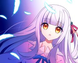 1girl azure_striker_gunvolt azure_striker_gunvolt_2 feathers glowing_feather gradient_background lololotton long_hair mytyl_(gunvolt) purple_hair solo upper_body white_feathers yellow_eyes