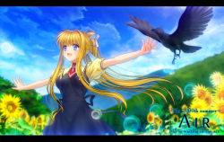 Rule 34 | 00s, 1girl, air (visual novel), bird, blonde hair, blue eyes, cowboy shot, day, hair ribbon, highres, kamio misuzu, letterboxed, long hair, mutsuki (moonknives), outdoors, outstretched arms, ponytail, ribbon, school uniform, smile, spread arms, very long hair
