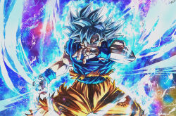 1boy aura battle_damage black_hair blue_aura blue_hair blue_sash blue_shirt blue_wristband commentary_request covered_mouth dougi dragon_ball dragon_ball_super expressionless eye_trail frown full_body grey_eyes highres kamiyama_sumu light_trail looking_at_viewer male_focus muscular muscular_male orange_pants pants sash serious shirt short_hair short_sleeves solo son_goku spiked_hair super_saiyan super_saiyan_blue torn_clothes torn_pants torn_shirt ultra_instinct wristband