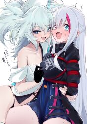 Rule 34 | 2girls, :d, arm around back, arms behind back, ass, asymmetrical docking, bdsm, bent over, black gloves, black jacket, black panties, blue dress, blue eyes, blue hair, blue nails, blush, bound, bound arms, breast press, breasts, choker, commentary request, dress, embarrassed, fang, fangs, florence (neural cloud), from side, girls&#039; frontline, girls&#039; frontline neural cloud, gloves, grabbing, grabbing another&#039;s breast, hair between eyes, hair over one eye, hat, heart, heart-shaped pupils, heterochromia, highres, hug, jacket, kuro (neural cloud), large breasts, leaning forward, leaning on person, long hair, looking at viewer, mdr (girls&#039; frontline), messy hair, midriff, multicolored hair, multiple girls, nail polish, navel, nipple rub, nipple stimulation, nipple tweak, nipple tweak through clothes, no pants, nurse, nurse cap, ohichi16, open clothes, open jacket, open mouth, open shirt, pa-15 (girls&#039; frontline), panties, pink eyes, pink hair, shibari, shibari over clothes, shirt, single bare shoulder, single glove, skindentation, small breasts, smile, straddling, streaked hair, surprised, symbol-shaped pupils, tears, thighhighs, thighs, translation request, twintails, two-tone hair, underwear, very long hair, white choker, white hair, white shirt, wide-eyed, yuri