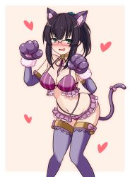 Rule 34 | 1girl, alternate costume, animal ear fluff, animal ears, animal hands, artist request, bare shoulders, bell, black hair, blush, breasts, cat ears, cat tail, collar, collarbone, commentary request, cosplay, elbow gloves, fake animal ears, fake tail, glasses, gloves, green eyes, halloween, heart, highres, jingle bell, looking at viewer, medium breasts, mikazuki munechika (tenka hyakken), mikazuki munechika (tenka hyakken) (cosplay), navel, neck bell, open mouth, paw gloves, paw pose, ponytail, purple thighhighs, ribbon, simple background, skirt, solo, sweat, tagme, tail, tail ornament, tail ribbon, tenka hyakken, thighhighs, yayoi (tenka hyakken)