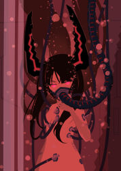 Rule 34 | 1girl, 32zzz, arm tattoo, asymmetrical bangs, barcode, barcode tattoo, black gold saw, black hair, black rock shooter, black rock shooter: dawn fall, breasts, cable, closed eyes, convenient censoring, glowing, glowing eyes, highres, horns, long hair, looking at viewer, nude, oxygen mask, red eyes, sidelocks, small breasts, solo, stasis tank, stomach tattoo, submerged, tattoo, vat
