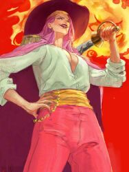 Rule 34 | 1boy, 1girl, black hat, bulic-h, charlotte linlin, coat, commentary, english commentary, epaulettes, fire, hat, highres, holding, holding sword, holding weapon, lips, lipstick, long hair, makeup, nail polish, one piece, pants, pink hair, pink nails, pink pants, prometheus (one piece), red background, red lips, shirt, simple background, smile, sword, teeth, weapon, white shirt