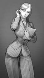 Rule 34 | 1girl, absurdres, bad id, bad twitter id, breasts, closed mouth, earrings, formal, gluteal fold, greyscale, tucking hair, highres, holding, jacket, jewelry, large breasts, leaning forward, long hair, long sleeves, looking at viewer, monochrome, office lady, original, pant suit, pants, smile, solo, striped clothes, striped jacket, striped pants, suit, vest, wass nonnam