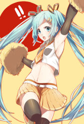 Rule 34 | !, !!, 1girl, 85, :o, alternate color, aqua eyes, aqua hair, armpits, arms up, cheerleader, detached sleeves, hair ornament, hairclip, hatsune miku, highres, long hair, looking at viewer, midriff, navel, necktie, pom pom (cheerleading), shoes, simple background, skirt, solo, thighhighs, twintails, very long hair, vocaloid, zettai ryouiki