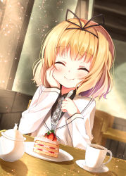 Rule 34 | 1girl, black shirt, blazer, blonde hair, blunt bangs, blush, cafe, cake, cake slice, chair, closed eyes, closed mouth, coffee, collared shirt, commentary request, cup, day, dutch angle, eating, facing viewer, flat chest, food, foodgasm, fork, fruit, gochuumon wa usagi desu ka?, grey necktie, hair ribbon, hand on own cheek, hand on own face, happy, highres, holding, holding fork, indoors, jacket, kirima syaro, light particles, long sleeves, necktie, plaid, plaid necktie, plaid neckwear, plate, pov across table, ribbon, saucer, school uniform, shirt, short hair, sitting, smile, solo, strawberry, strawberry shortcake, table, upper body, wainscoting, wall, wavy hair, wing collar, yodosu915