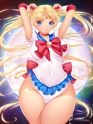Rule 34 | 1girl, absurdres, arms behind head, bishoujo senshi sailor moon, blonde hair, blue eyes, bow, breasts, choker, covered navel, cowboy shot, curvy, double bun, forehead, frilled skirt, frills, full moon, gem, hair bun, highres, juan romero, large breasts, leotard, long hair, looking at viewer, magical girl, moon, parted bangs, parted lips, plump, red bow, red choker, sailor moon, sailor senshi uniform, school uniform, serafuku, skirt, smile, solo, sparkle background, thick thighs, thigh gap, thighs, tiara, tsukino usagi, twintails, very long hair, wide hips