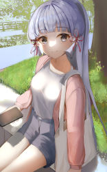 Rule 34 | 1girl, absurdres, alternate costume, ayaka (genshin impact), bag, blouse, blue eyes, blue hair, blunt bangs, blush, breasts, casual, closed mouth, genshin impact, grass, highres, holding, holding phone, kapo, long sleeves, looking at viewer, medium breasts, mole, mole under eye, open clothes, outdoors, phone, ponytail, shirt, shorts, sidelocks, simple background, tree, white shirt