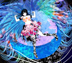 Rule 34 | abstract, black hair, colorful, dress, flower, kazaana, legs, long hair, lying, on back, original, psychedelic, solo