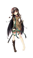 Rule 34 | 1girl, aviator cap, barefoot, black hair, boots, brown footwear, cross-laced footwear, doi takami, feet, formation girls, full body, goggles, goggles on headwear, hair over one eye, highres, lace-up boots, long hair, looking at viewer, official art, red eyes, sarashi, sheath, sheathed, shoes, short shorts, shorts, single shoe, solo, standing, sw (taco), sword, torn clothes, transparent background, very long hair, weapon