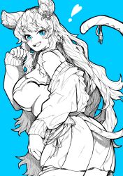 Rule 34 | !, 1girl, absurdres, animal ear fluff, animal ears, bare shoulders, blue background, blue eyes, breasts, commission, detached sleeves, flower, greyscale, greyscale with colored background, hair flower, hair ornament, hairclip, heart, highres, large breasts, long hair, looking at viewer, monochrome, open mouth, sakurai hana, simple background, skeb commission, skirt, smile, solo, tail, teeth, upper teeth only, vdonburi, very long hair, virtual youtuber, yotsumi shiro