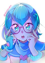 Rule 34 | 1girl, absurdres, aqua eyes, aqua gloves, aqua hair, aqua sailor collar, artist name, bespectacled, commentary, fingerless gloves, glasses, gloves, hagoromo lala, highres, long sleeves, looking at viewer, mitsuki tayura, open mouth, pointy ears, precure, red-framed eyewear, sailor collar, shirt, short hair, simple background, single glove, solo, star-shaped pupils, star (symbol), star twinkle precure, symbol-shaped pupils, twitter username, white background, white shirt