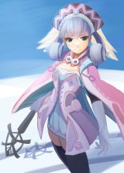Rule 34 | 1girl, absurdres, black thighhighs, breasts, cape, cowboy shot, dress, gloves, green eyes, hat, head wings, highres, medaman, melia antiqua, shadow, short dress, silver hair, smile, solo, staff, thighhighs, white gloves, wings, xenoblade chronicles (series), xenoblade chronicles 1