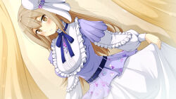 Rule 34 | 1girl, aobara hairi, belt, bib, blue belt, blue ribbon, blush, brown eyes, commentary request, double-parted bangs, dress, dutch angle, embarrassed, highres, layered dress, layered sleeves, light brown hair, long hair, long sleeves, looking at viewer, neck ribbon, nijisanji, official alternate costume, puffy long sleeves, puffy sleeves, purple dress, ribbon, short over long sleeves, short sleeves, sister claire, sister claire (10th costume), skirt hold, solo, straight hair, textless version, tilted headwear, virtual youtuber, white headwear